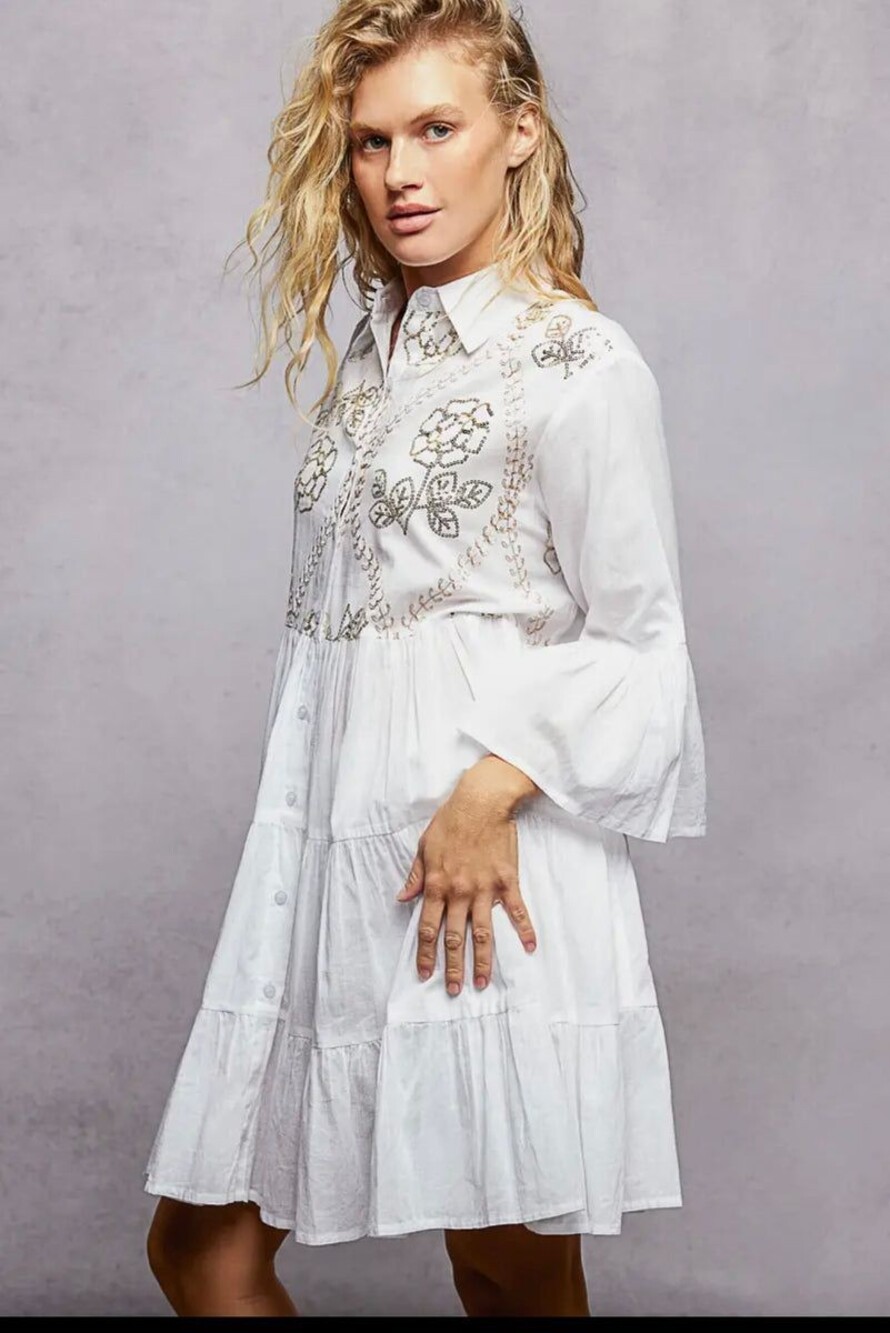 POL white button-down dress with delicate sequin embroidery LG